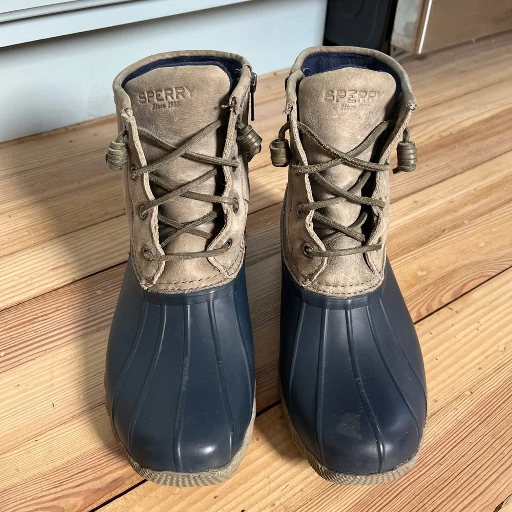 Sperry Womens Duck Boots Navy Rubber Leather Lace Up Waterproof Top‎ Sider Rain